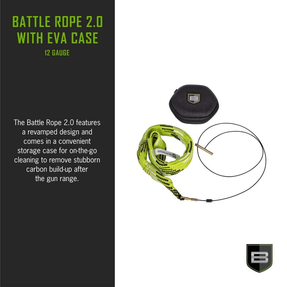 Image of the Battle Rope 2.0, a 12-gauge cleaning tool in a compact EVA case, designed for effective on-the-go gun maintenance.