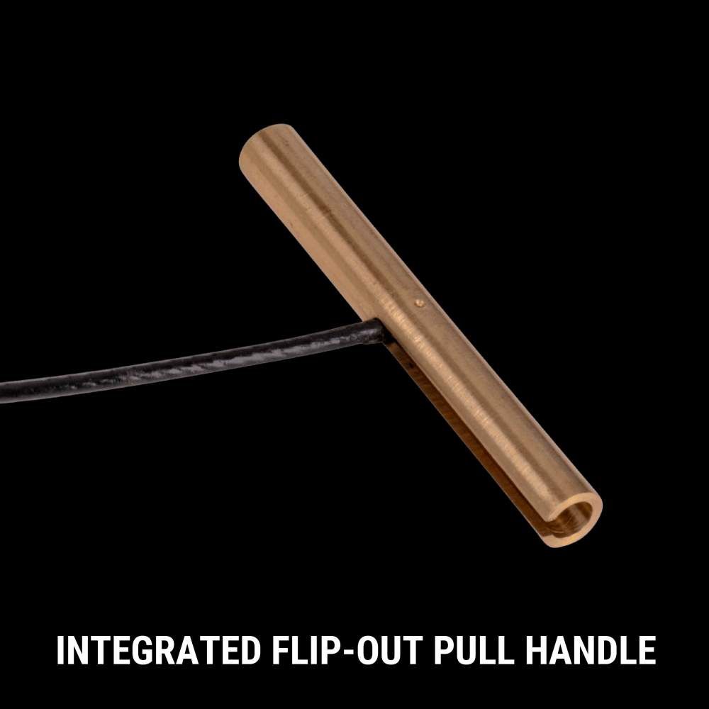 Close-up of a sleek, gold-colored integrated flip-out pull handle attached to a dark cord, set against a black background.