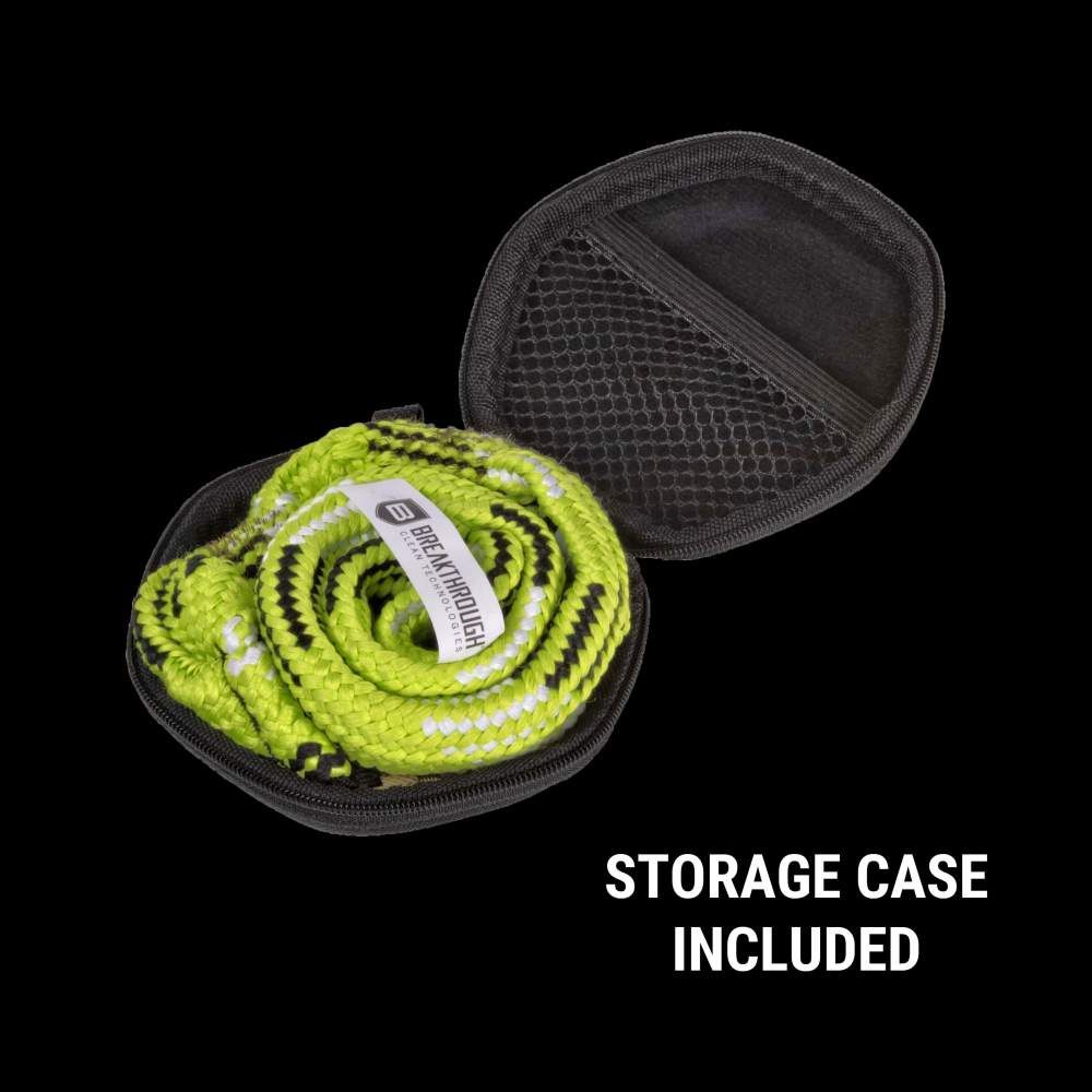 A coiled bright green rope is neatly stored in a black case with a mesh pocket, labeled "Storage Case Included."