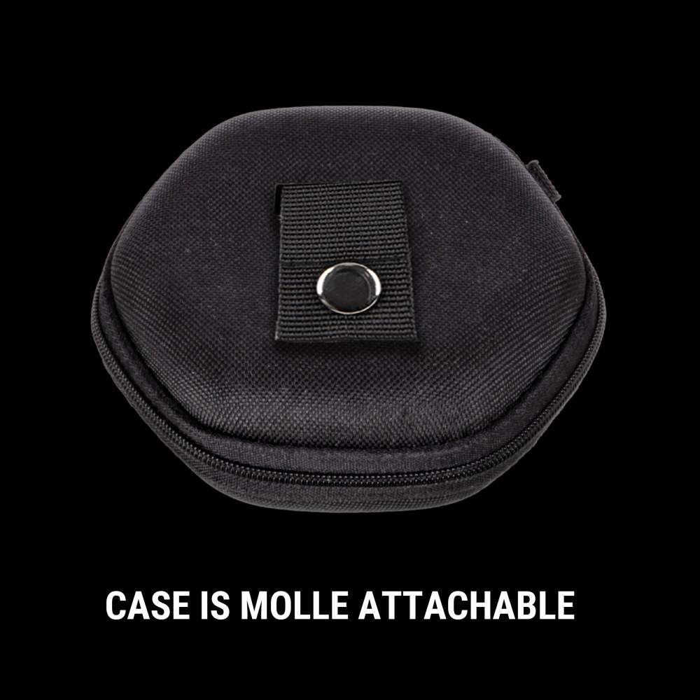 Black, zippered MOLLE-compatible case with a snap closure and fabric loop for secure attachment.