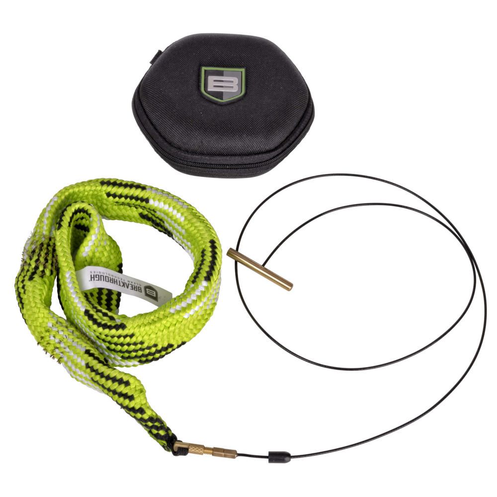 SHOTGUN BATTLE ROPE 2.0 - 12 GAUGE - A bright green and black cleaning kit with a rope, brass tip, and a compact carrying case featuring a logo on top.
