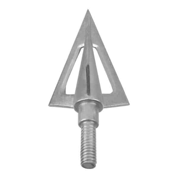 A metallic arrowhead with a triangular shape and threaded shaft, designed for hunting or archery use.