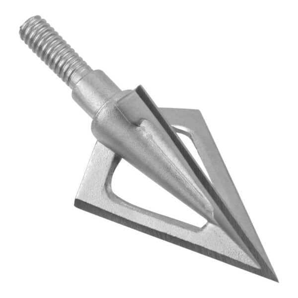 A metallic broadhead arrow tip with a threaded shaft and sharp, triangular blades designed for precision hunting.