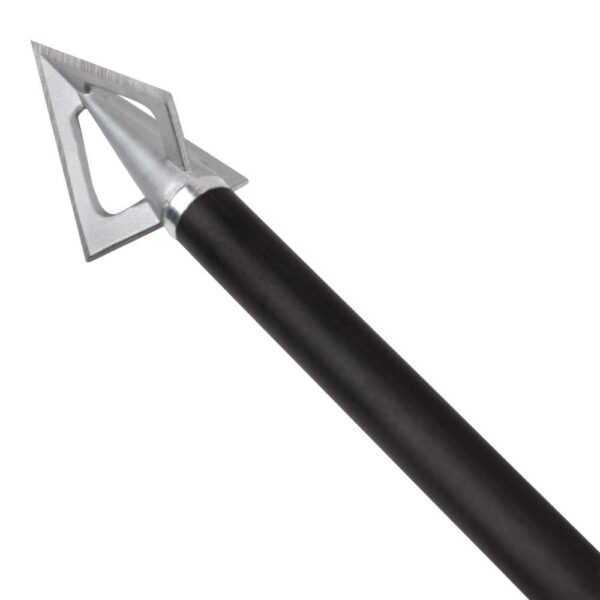 A close-up of an arrow tip with a triangular metal blade attached to a black shaft, designed for hunting or fishing.