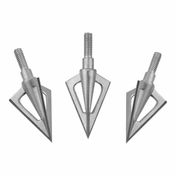 STRYKE ION FIXED BLADE BROADHEAD BY ALLEN - Three sharp, metallic broadhead arrows with threaded tips arranged in a triangular formation on a white background.