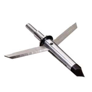 STRYKE TOMAHAWK EXPANDABLE BROADHEAD BY ALLEN - A silver mechanical broadhead with two sharp blades and a pointed tip, used for archery and hunting.