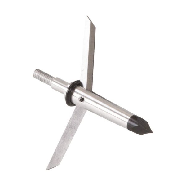 A silver broadhead arrow tip with sharp metal blades and a threaded shaft for archery, designed for hunting.