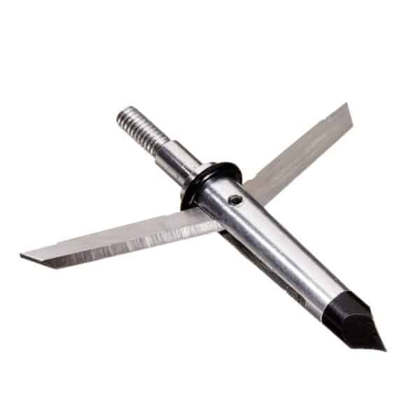 STRYKE TOMAHAWK EXPANDABLE BROADHEAD BY ALLEN - A silver mechanical broadhead with two sharp blades and a pointed tip, used for archery and hunting.