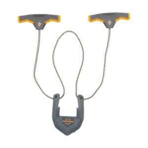 TITAN SLIDEGUIDE CROSSBOW SLED - Black and yellow/orange training tool with a rubber grip and adjustable cord, designed for improving archery or shooting accuracy.