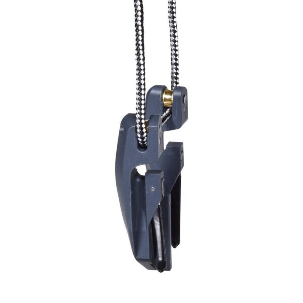 A close-up of a dark gray mechanical clamp with a braided rope attached, designed for gripping and securing items.