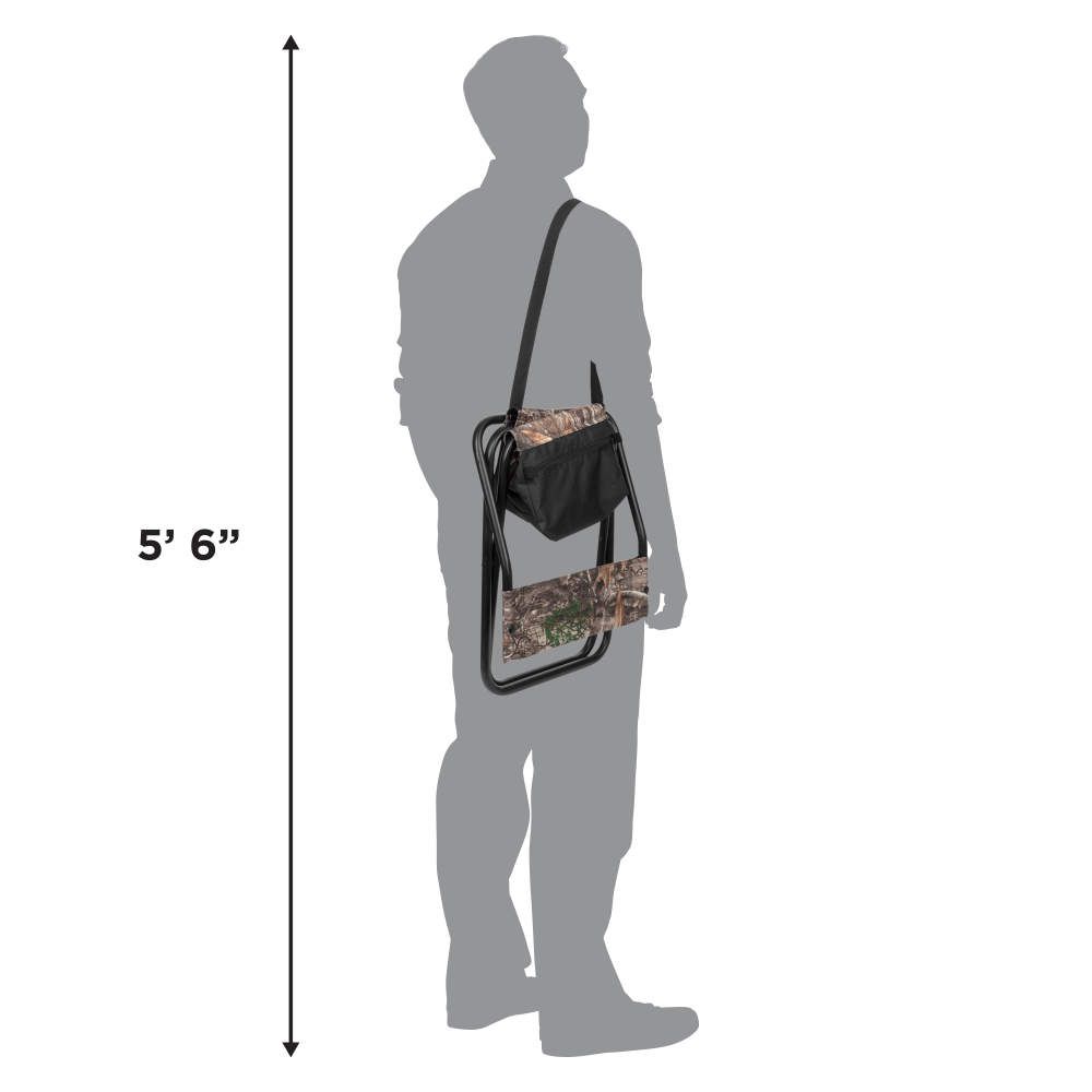 A silhouette of a person holding a black and camouflage patterned bag, with a height reference of 5'6".
