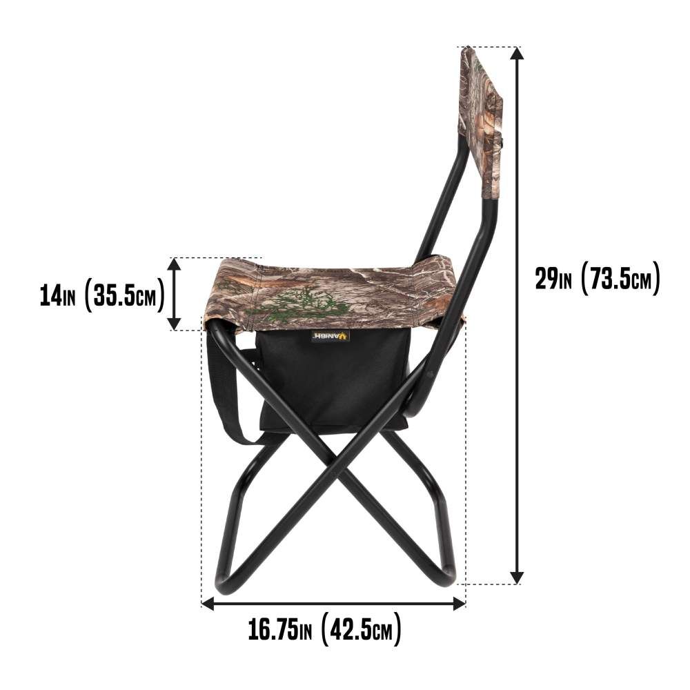 A foldable camo-patterned chair with black accents, measuring 29" tall, 16.75" wide, and 14" seat height, shown with dimensions.