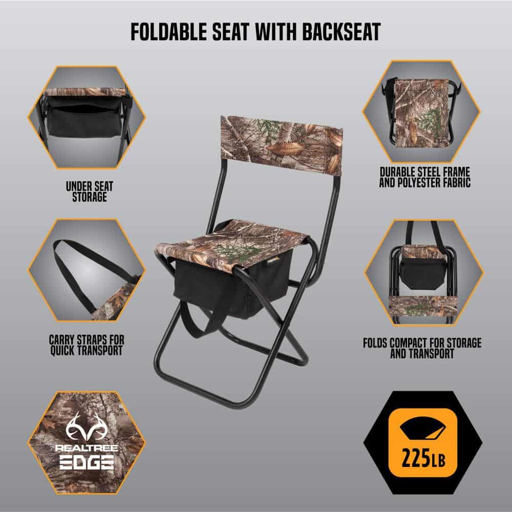 Foldable seat with camo pattern, durable steel frame, under-seat storage, and carry straps for easy transport; supports up to 225 lbs.