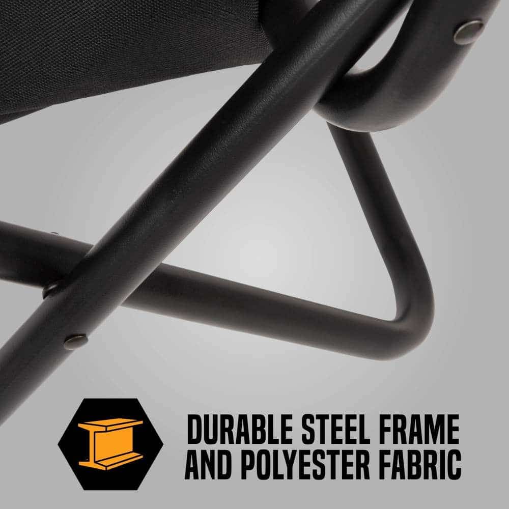 Close-up of a black steel frame chair, highlighting its sturdy construction and polyester fabric, with text emphasizing durability.