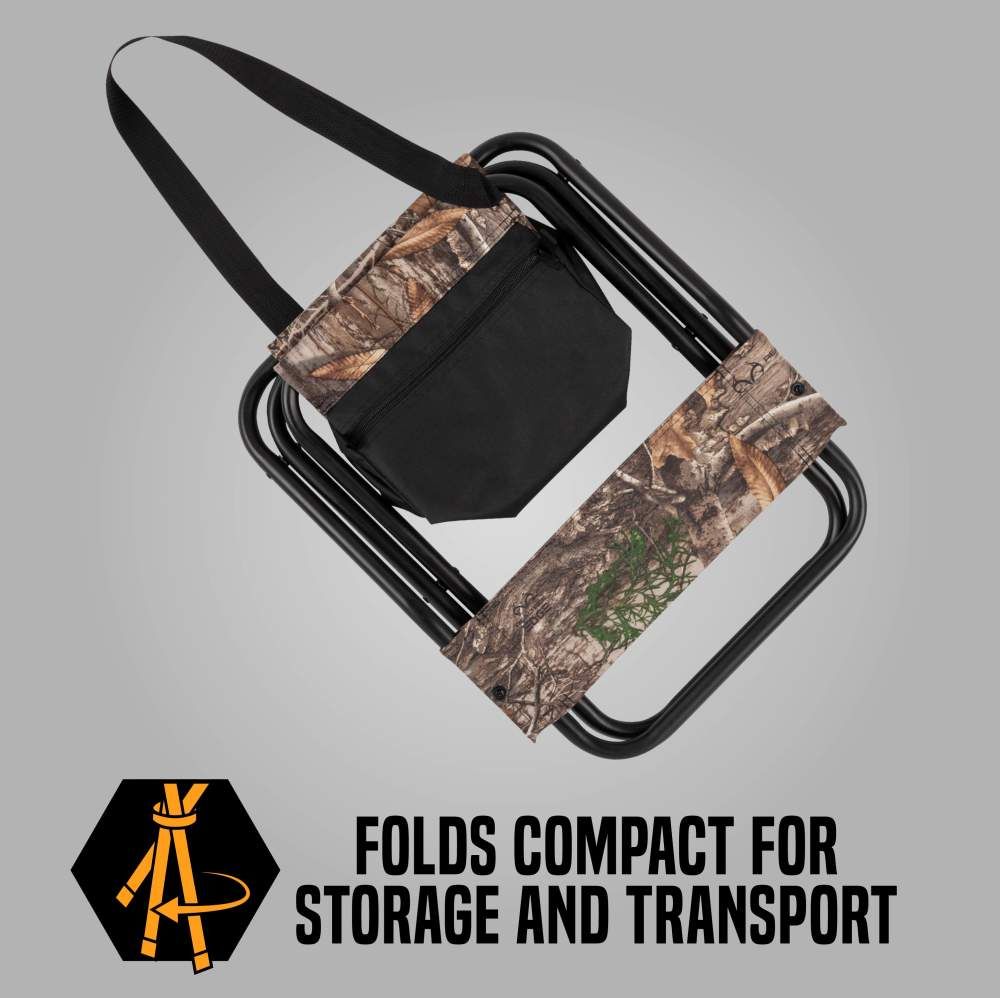 Foldable camo chair with a black storage pouch, designed for easy transport and compact storage.