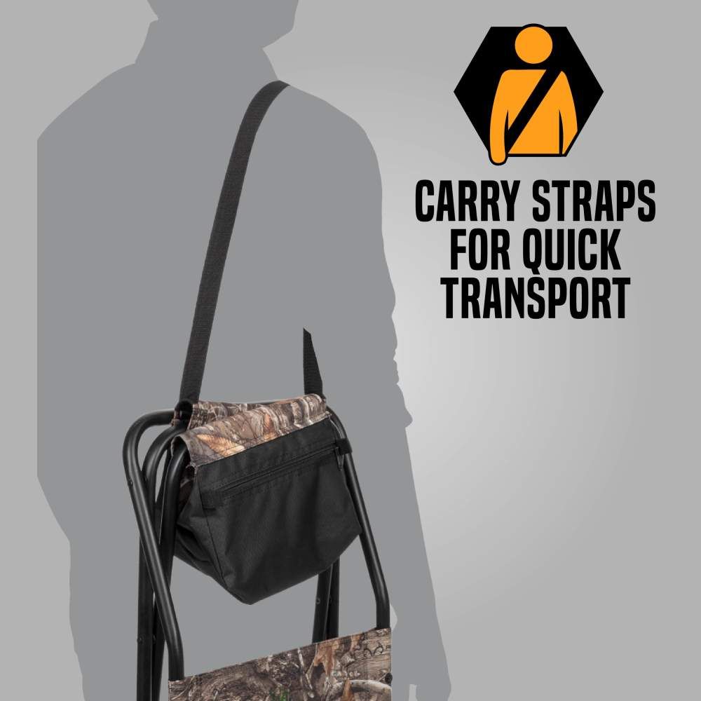 Image of a person carrying a foldable chair with camouflage details using straps, emphasizing quick transport functionality.
