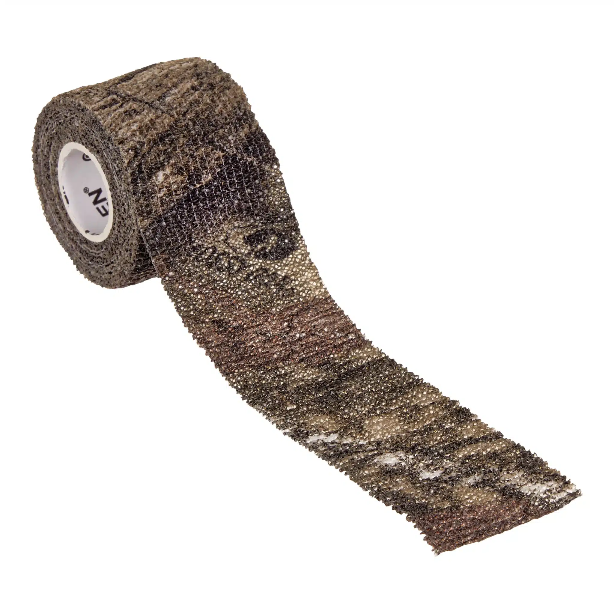 A roll of camouflaged tape with a textured surface, ideal for outdoor use or concealment in nature.