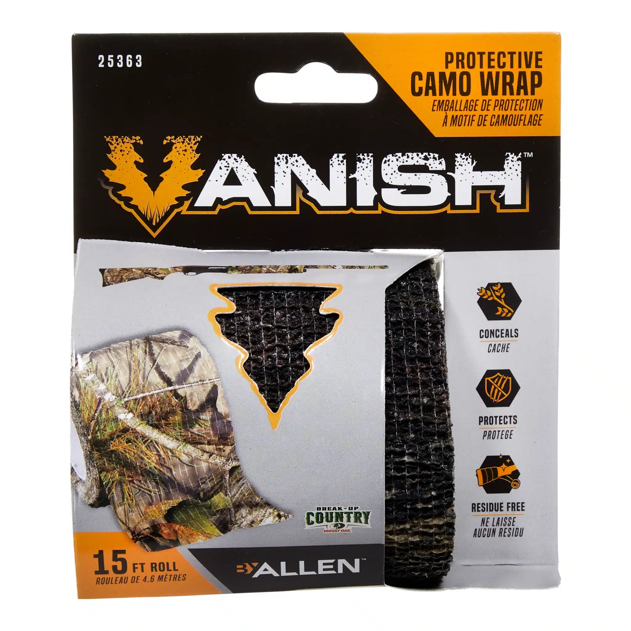 Packaging of Vanish Protective Camo Wrap, featuring camouflage design, highlighting its 15 ft length, and benefits like concealment and residue-free use.