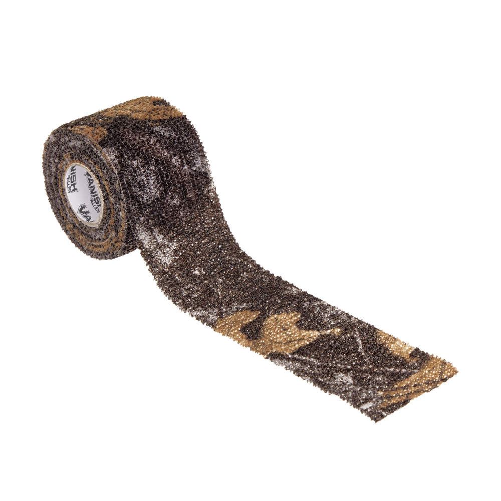 A roll of camouflage adhesive tape featuring earthy tones of brown and black, partially unrolled on a white background.