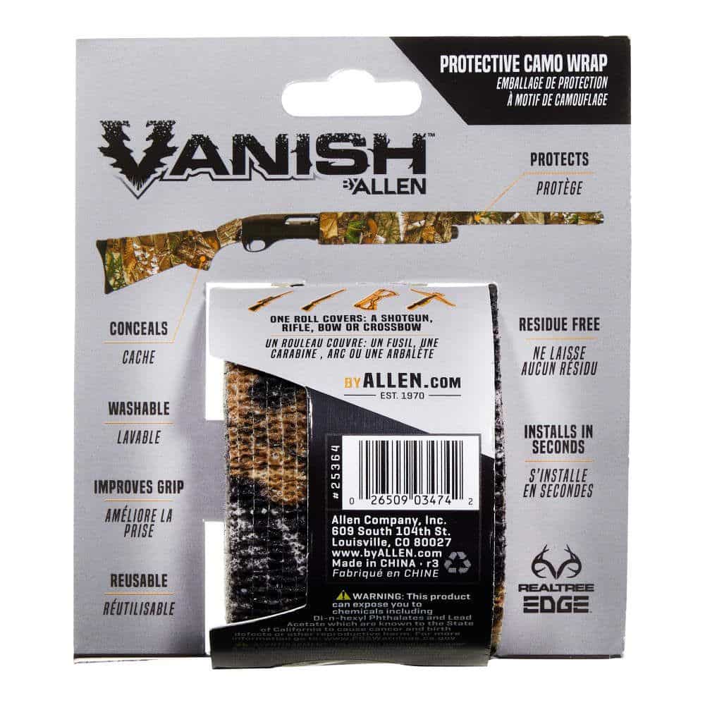 Packaging for Vanish by Allen protective camo wrap, designed to conceal firearms or bows. Features details on application and care.