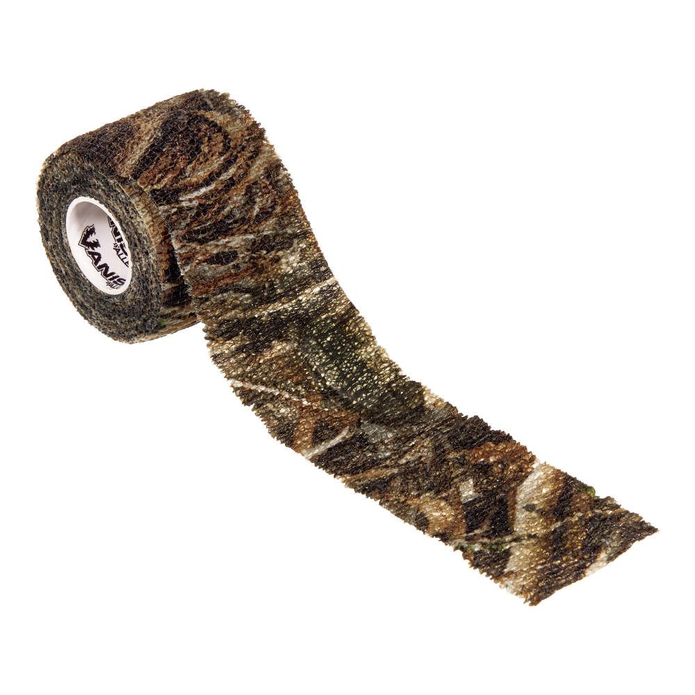 A roll of camo-patterned tape featuring earth tones, unrolling with a textured finish, ideal for outdoor gear or hunting applications.
