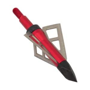 VELOX PHOTON 100GR 3-BLADE BROADHEAD 3-PACK - Red and silver arrowhead broadhead with a sharp black blade, designed for precision hunting and archery.