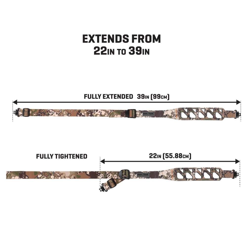 A camouflaged strap that adjusts from 22 inches to 39 inches, displayed with size indicators for fully tightened and extended lengths.
