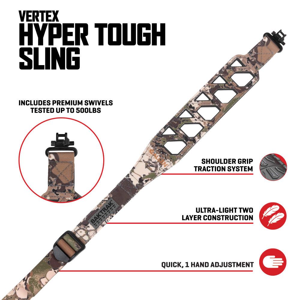 A camouflaged tactical sling with features like premium swivels, shoulder grip traction, and quick one-hand adjustment.