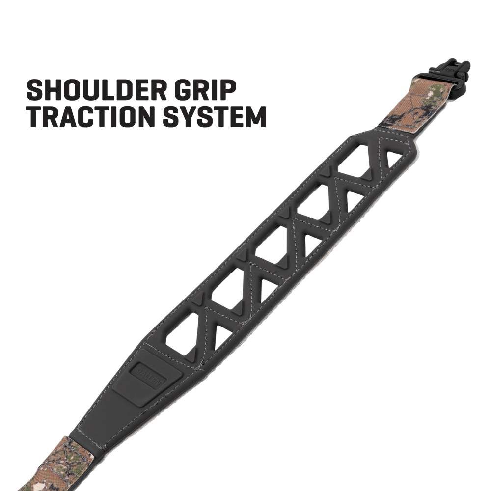 A close-up of a shoulder strap featuring a textured grip for enhanced traction, labeled "Shoulder Grip Traction System."