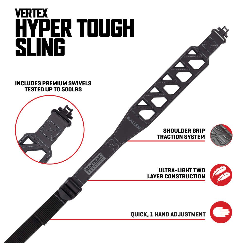 Image of the Vertex Hyper Tough Sling featuring a shoulder grip system, lightweight construction, and quick one-hand adjustment, supporting 500 lbs.