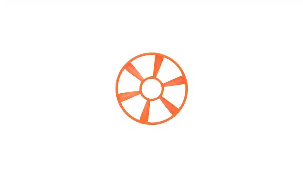 An orange circular object with six spokes, resembling a fan or wheel, set against a plain white background.