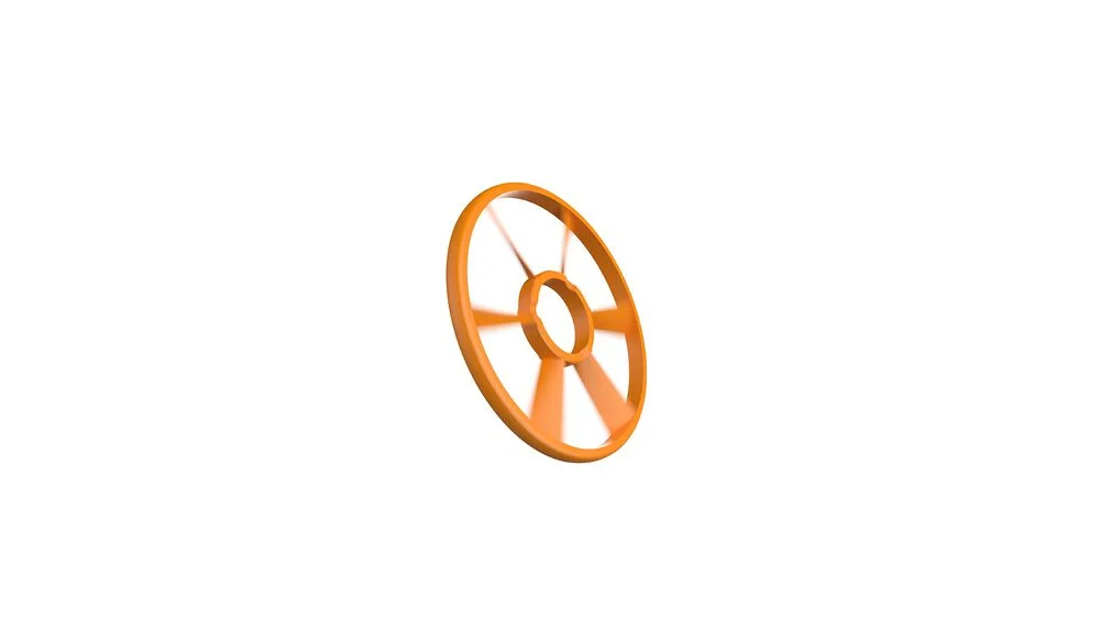 An orange circular wheel with a central hole and five spokes, set against a white background.