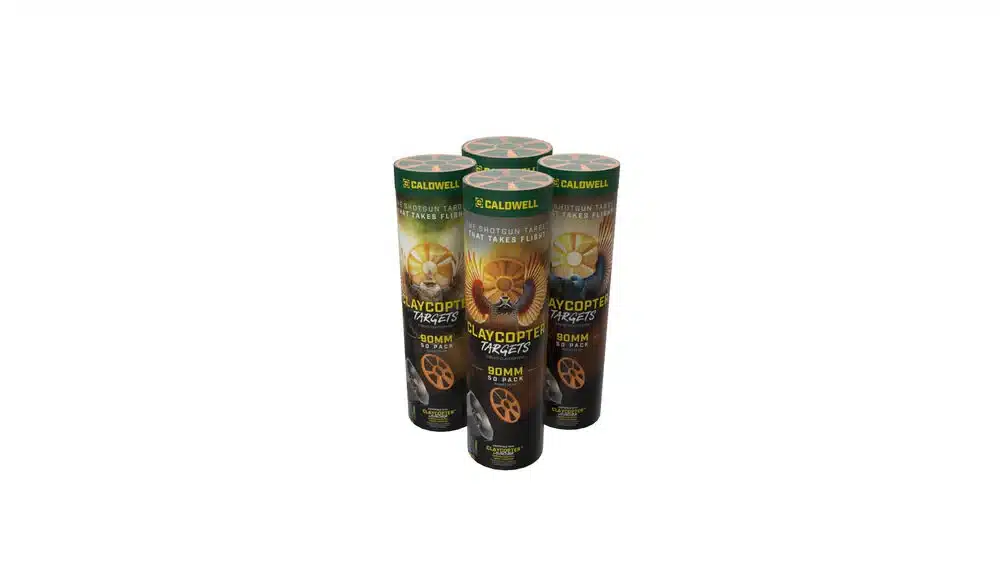 CALDWELL CLAYCOPTER 90MM CLAY TARGETS - 50 COUNT - Four cylindrical packs of Caldwell Claycopter targets, each labeled "90mm 50 Pack," designed for shotgun shooting practice.