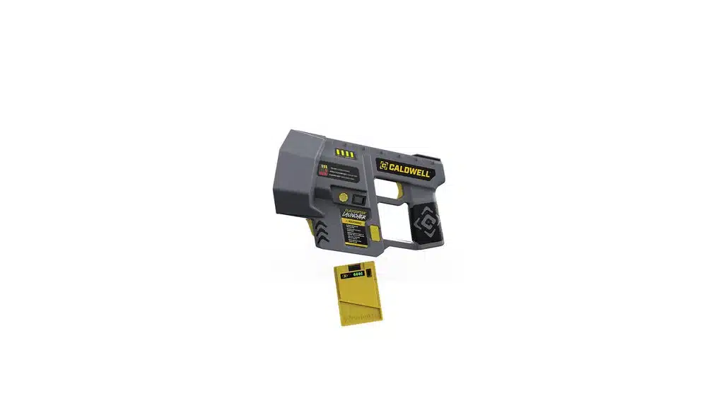 A gray and yellow Caldwell laser rangefinder pistol with a digital display and attached measurement card.