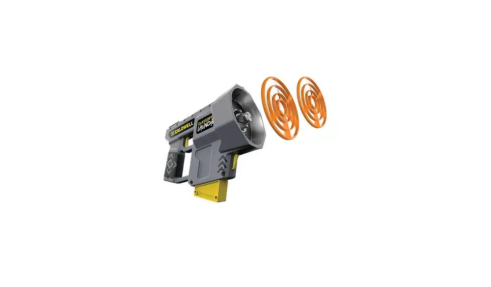CALDWELL CLAYCOPTER HAND-HELD THROWER - A gray and yellow motion launcher toy gun with two orange spinning discs, designed for playful target shooting activities.