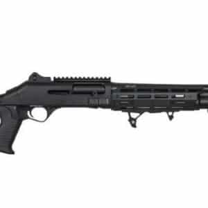 ORTHOS ARMS RAIDER S4 12GA SEMI-AUTO SHOTGUN - BLACK - Side view of a sleek, modern black shotgun with an adjustable stock and rail system for attachments.