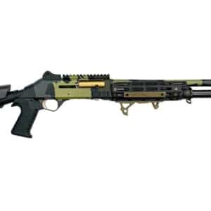 ORTHOS ARMS RAIDER S4 12GA SEMI-AUTO SHOTGUN - HIGHLAND ELITE - A tactical shotgun featuring a camouflage design, adjustable stock, and various attachments including a rail and tactical grip.