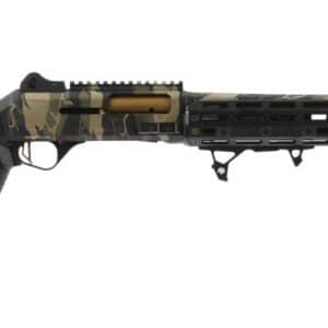 ORTHOS ARMS RAIDER S4 12GA SEMI-AUTO SHOTGUN - WOODLAND ELITE - Side view of a modern camouflaged shotgun featuring a tactical stock, rail system, and flashlight attachment.