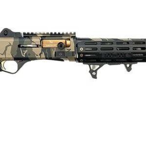 ORTHOS ARMS RAIDER S4 12GA SEMI-AUTO SHOTGUN - WOODLAND ELITE COMPETITION - Side view of a modern, camouflaged shotgun with a tactical stock, foregrip, and mounted flashlight, showcasing its sleek design.