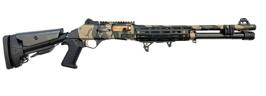 ORTHOS ARMS RAIDER S4 12GA SEMI-AUTO SHOTGUN - WOODLAND ELITE COMPETITION - Side view of a modern, camouflaged shotgun with a tactical stock, foregrip, and mounted flashlight, showcasing its sleek design.