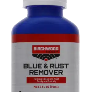 BIRCHWOOD CASEY BLUE & RUST REMOVER - 3OZ - A blue bottle labeled "Birchwood Casey Blue & Rust Remover" designed to eliminate blue and rust, with warning labels for safety.