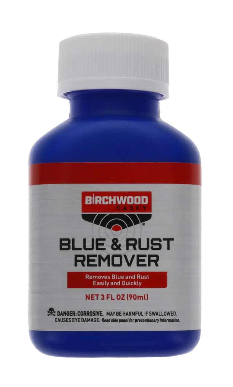BIRCHWOOD CASEY BLUE & RUST REMOVER - 3OZ - A blue bottle labeled "Birchwood Casey Blue & Rust Remover" designed to eliminate blue and rust, with warning labels for safety.