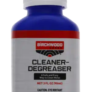 BIRCHWOOD CASEY CLEANER-DEGREASER - 3OZ - Blue bottle of Birchwood Casey Cleaner-Degreaser, 3 fl oz, labeled as safe for cleaning metal with caution for eye irritants.