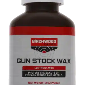 BIRCHWOOD CASEY GUN STOCK WAX - 3OZ - A 3 oz bottle of Birchwood Casey Gun Stock Wax, labeled as "Lustrous Wax," designed to protect firearm woods and metals.