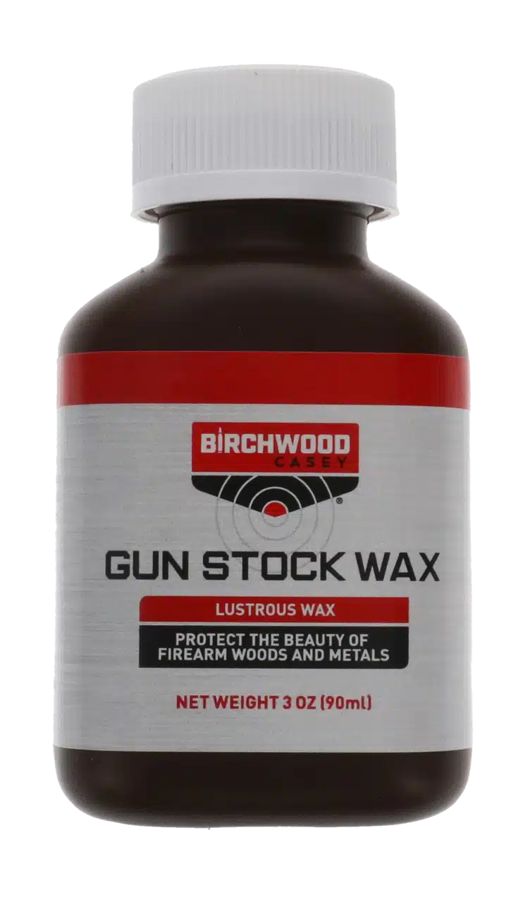 BIRCHWOOD CASEY GUN STOCK WAX - 3OZ - A 3 oz bottle of Birchwood Casey Gun Stock Wax, labeled as "Lustrous Wax," designed to protect firearm woods and metals.
