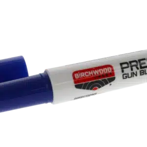 BIRCHWOOD CASEY PRESTO GUN BLUE TOUCH-UP PEN - A Birchwood Casey Presto Gun Blue Pen with a blue cap, used for instant black touch-up on steel surfaces.