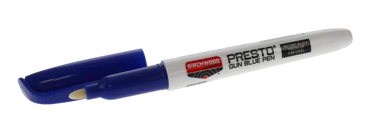 BIRCHWOOD CASEY PRESTO GUN BLUE TOUCH-UP PEN - A Birchwood Casey Presto Gun Blue Pen with a blue cap, used for instant black touch-up on steel surfaces.