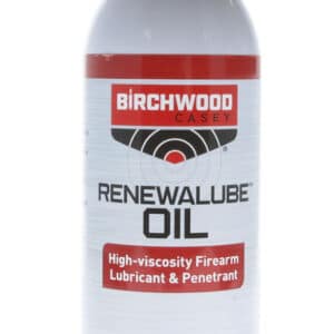 BIRCHWOOD CASEY RENEWABLE GUN OIL AEROSOL - 11OZ - A can of Birchwood Casey Renewal Lube Oil, a high-viscosity firearm lubricant and penetrant, featuring a red cap and safety warnings.