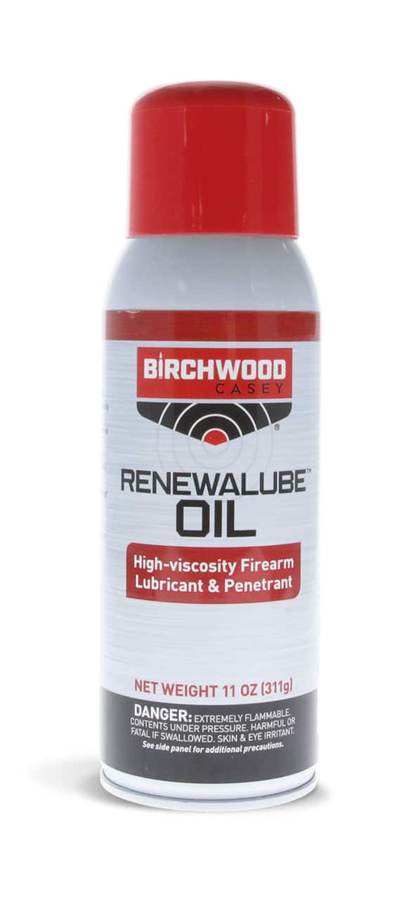 BIRCHWOOD CASEY RENEWABLE GUN OIL AEROSOL - 11OZ - A can of Birchwood Casey Renewal Lube Oil, a high-viscosity firearm lubricant and penetrant, featuring a red cap and safety warnings.