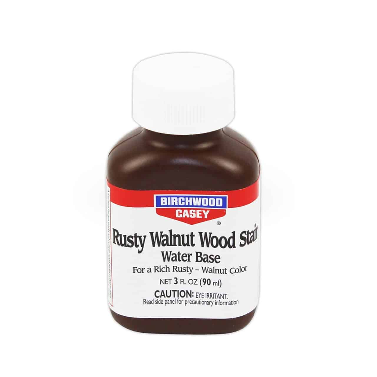 BIRCHWOOD CASEY RUSTY WALNUT WOOD STAIN - 3OZ - Bottle of Birchwood Casey Rusty Walnut Water-Based Wood Stain, 3 fl oz, labeled with color description and caution for use.